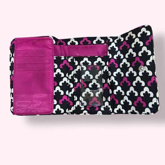 Vera Bradley Tri-Fold Wallet Accordion Quilted Cotton Black Pink ID Card Case - Picture 8 of 13
